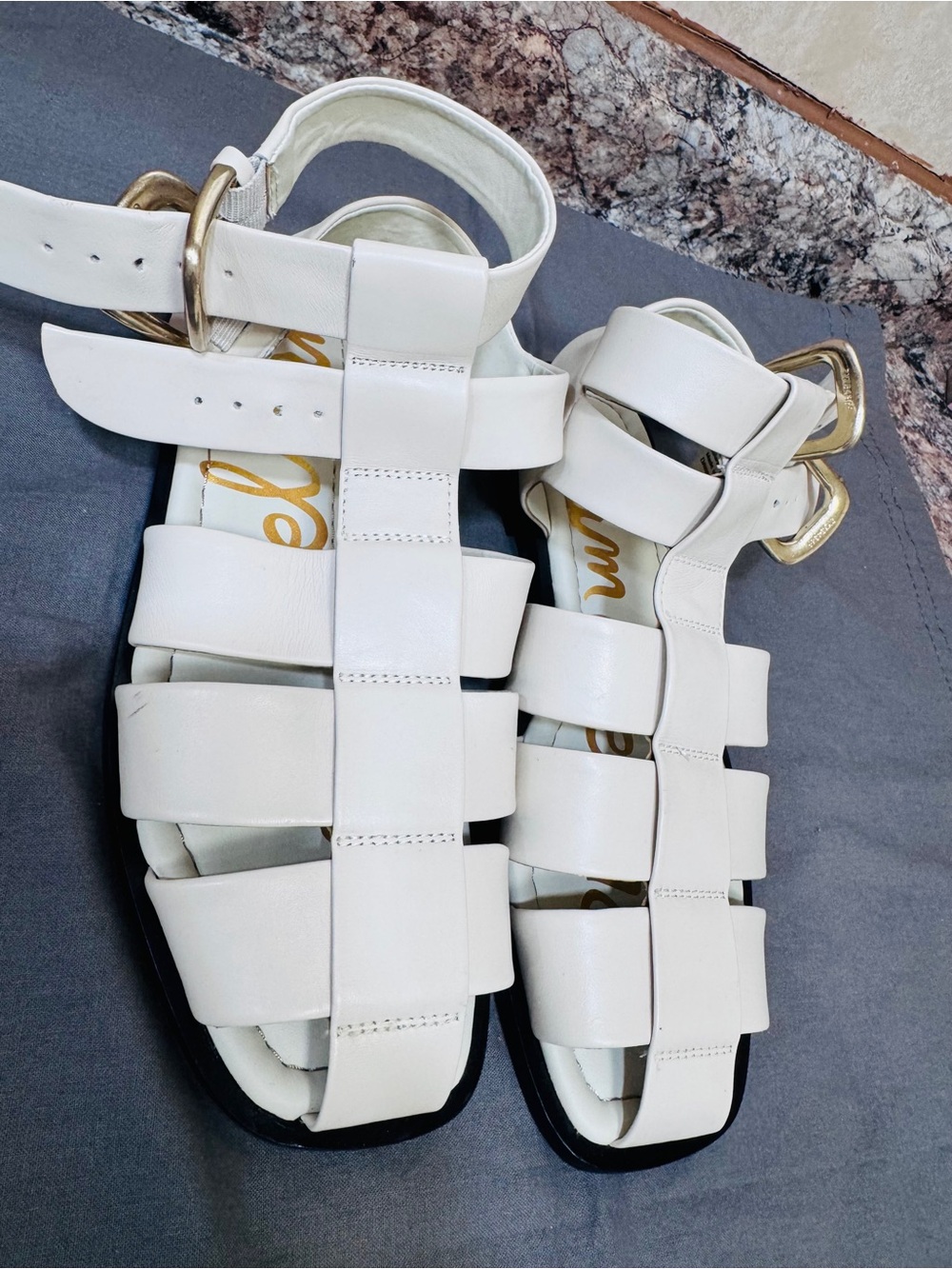 Sam Edelman White Strappy Gladiator Sandals with Gold Buckles
